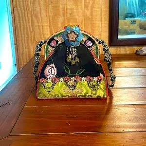 Mary FRANCES 4658 vintage floral purse handbag Beaded Black, Pink and Green